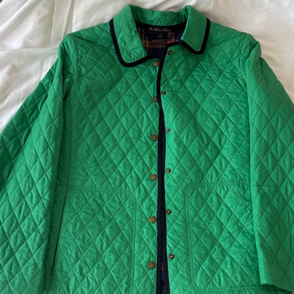 Brooks Brothers Green Quilted Jacket with Black/Deep Navy Blue Trim